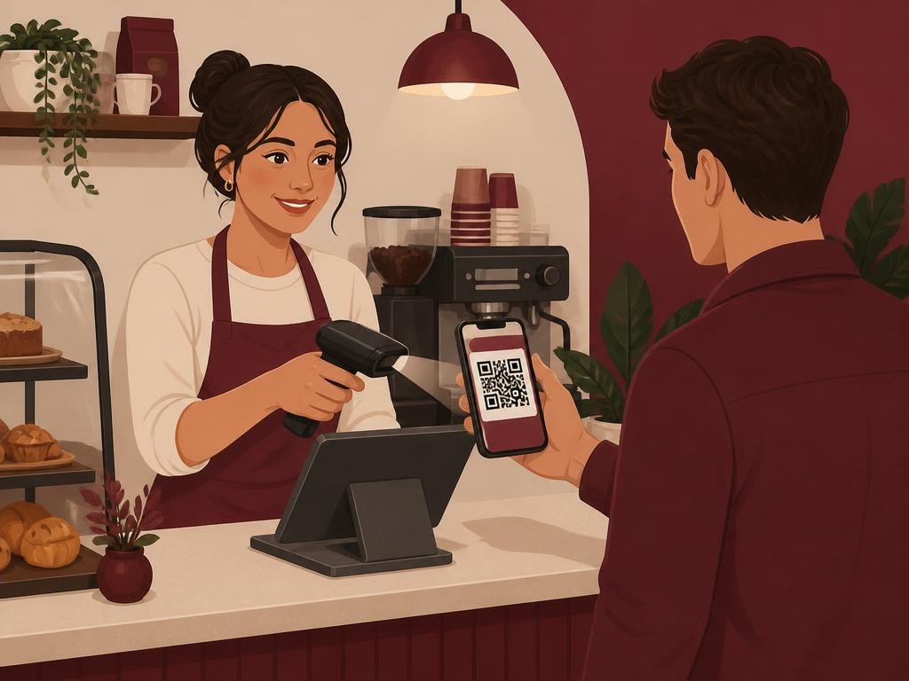 A staff member scans a customer's loyalty QR code at the counter.